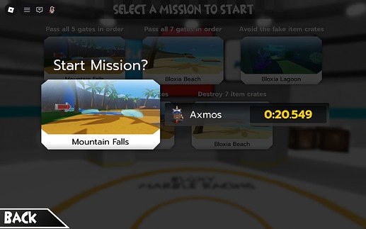 Missions main menu, showing the "Pass all 5 gates in order" Mission and my personal record