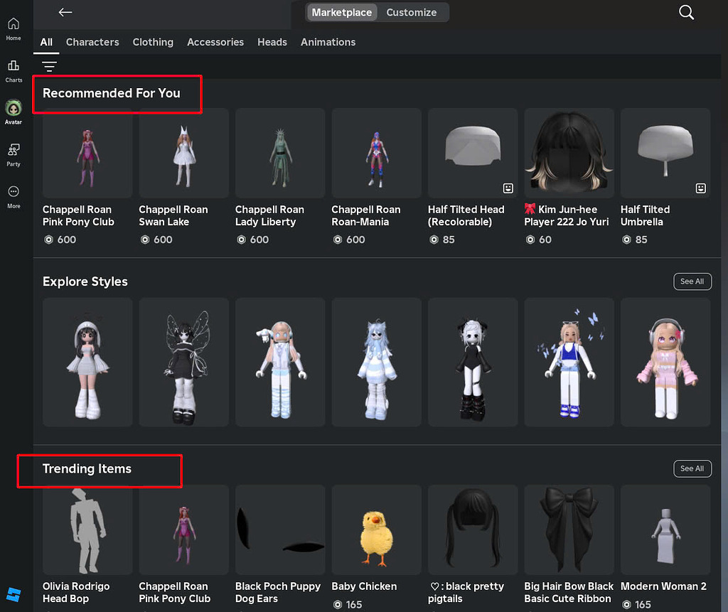 Browse and compare avatar item options in Roblox Marketplace Roblox Marketplace recommendations interface showing avatar clothing and accessories