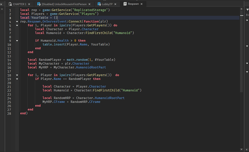 Respawn script that will respawn the player at a random player that is ...