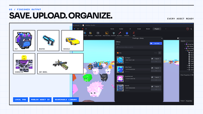 Local PNG export, Roblox upload, and the searchable Library