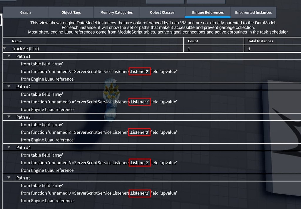 2ァ@プロフ記載ページ LuauHeap incorrectly shows the same path for all Unique References