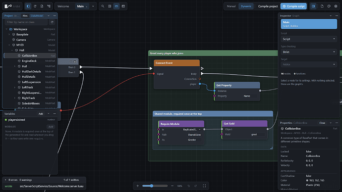 The DataModel browser, with a part's Properties open beside the graph