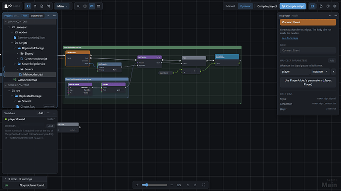 The editor: a script graph, with the Project, Variables and Inspector cards docked