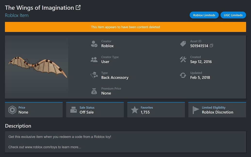 Roblox Toy code item The Wings of Imagination was moderated Catalog