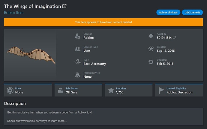 Roblox Toy code item The Wings of Imagination was moderated - Catalog ...