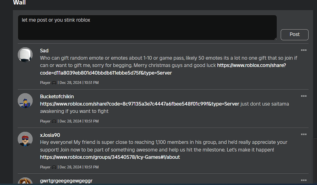 Cant post on group wall - Platform Usage Support - Developer Forum | Roblox