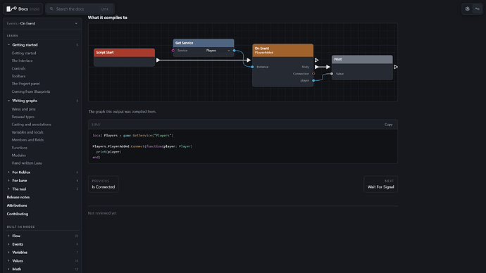 A node's documentation page, with its graph and the Luau it compiles to
