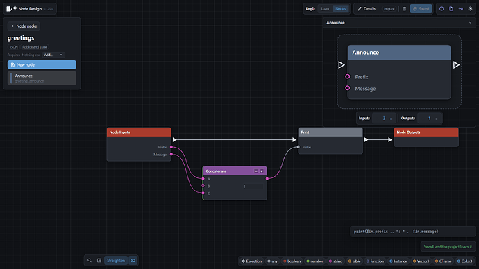 Node Design: a node's logic built from nodes, with the Luau it compiles to