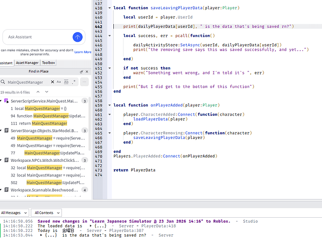 Unknown Issue with Character.Removing/Datastore - Scripting Support ...