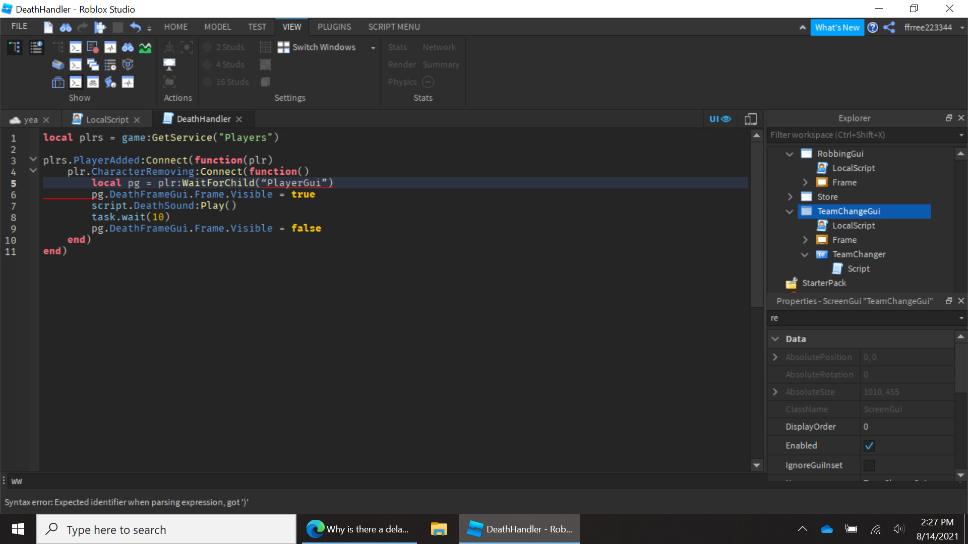 Why is there a delay in my Death Gui? - Scripting Support - Developer ...