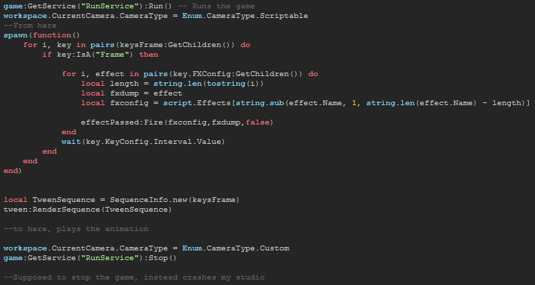 game:GetService("RunService"):Stop() crashes studio when used from a ...