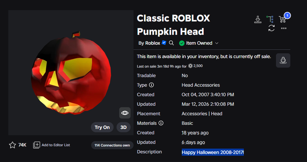 Roblox Classic ROBLOX Pumpkin Head catalog details showing an off-sale item and its tradable status
