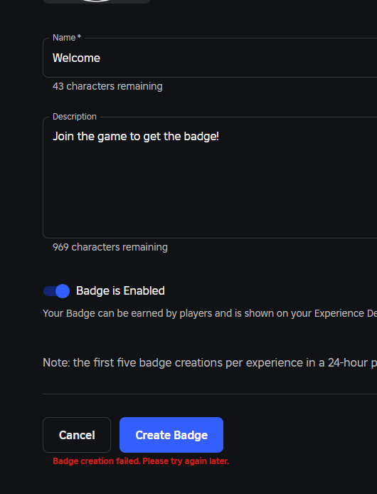 Badge creation failed. Please try again later error - Platform Usage ...