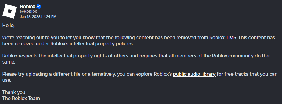 My own music getting removed because of Roblox’s intellectual property