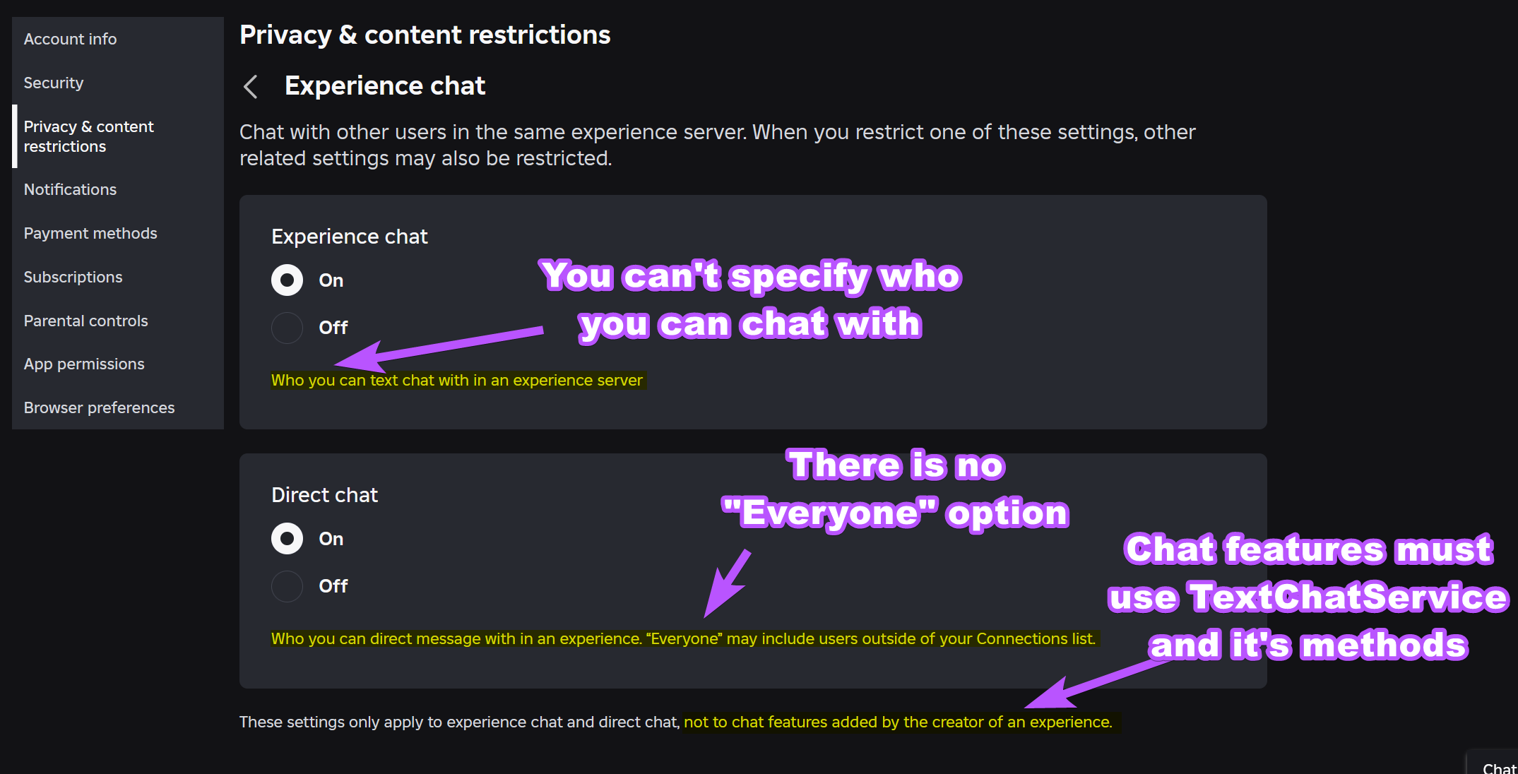 Experience chat settings use outdated descriptions - Roblox