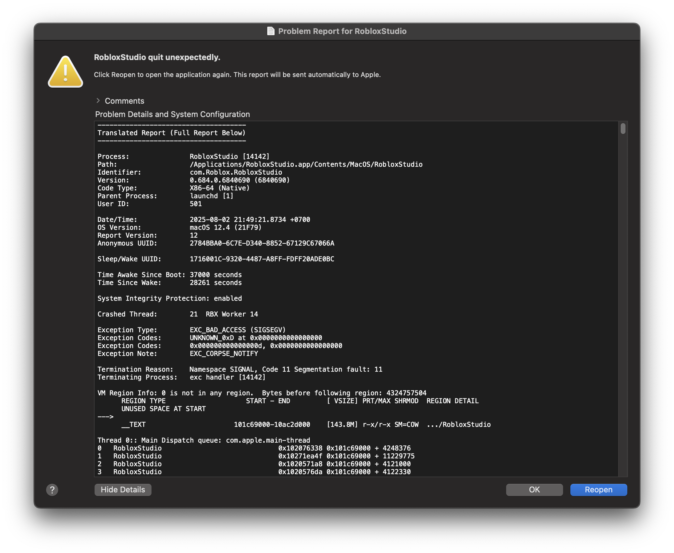 Studio crashes when open a game on macOS. - Studio Bugs - Developer ...