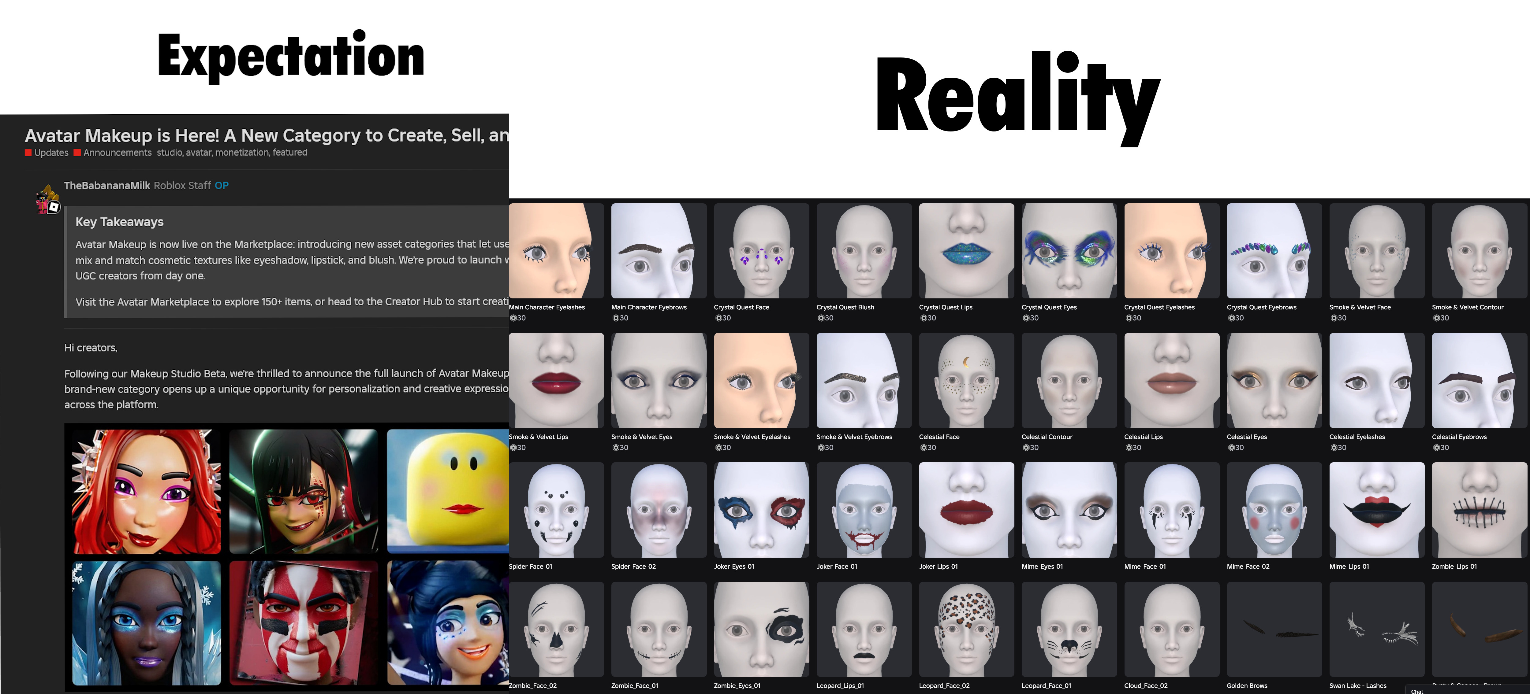 Roblox avatar makeup examples from the Developer Forum Roblox avatar makeup examples displayed in a community announcement about the Avatar Marketplace