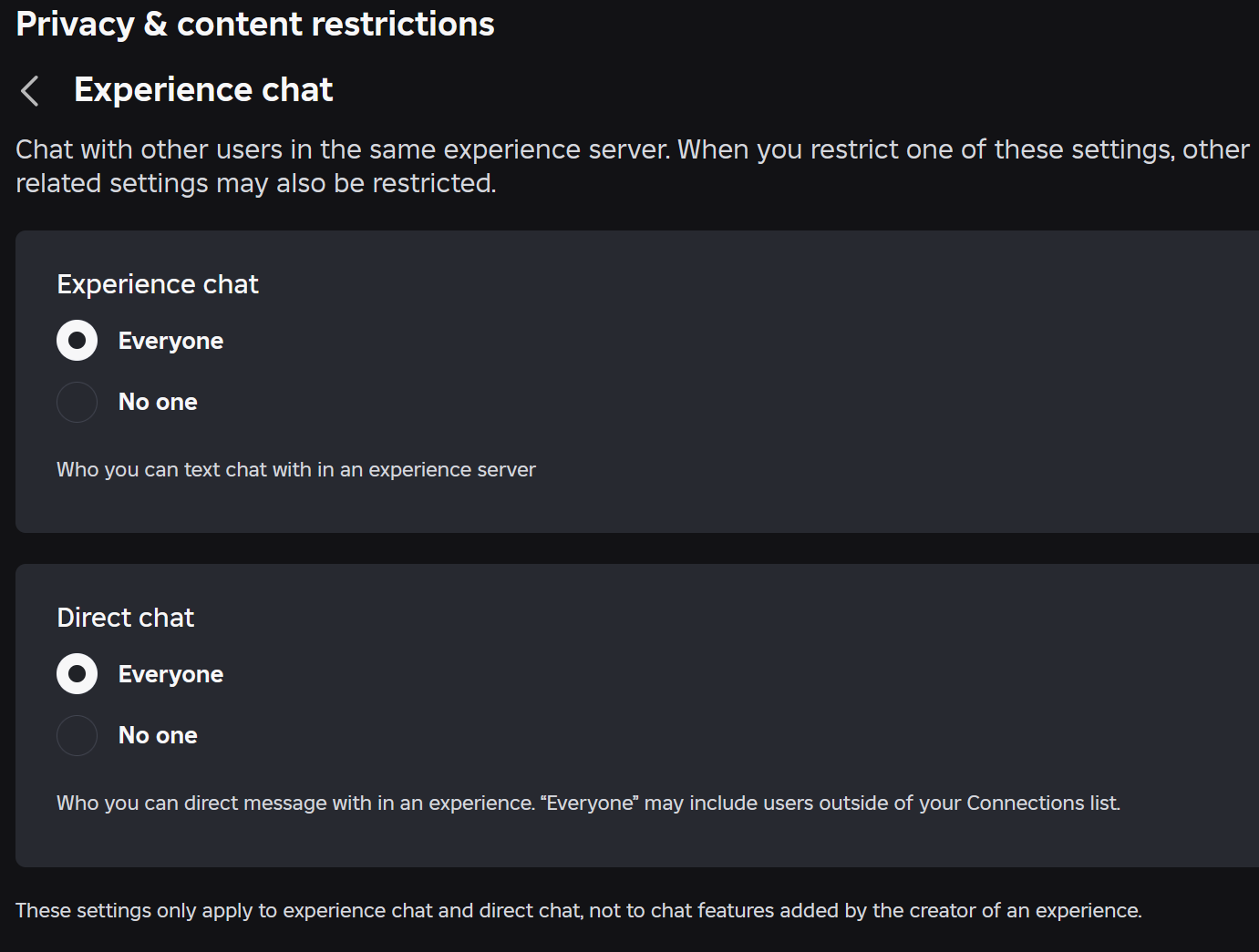 Experience chat settings use outdated descriptions - Roblox