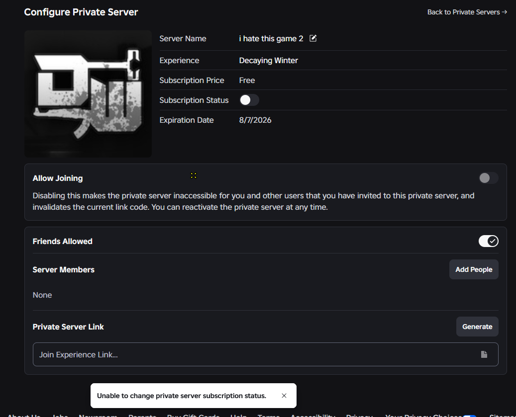 Owning multiple Private Servers that are unable to be opened. - Roblox ...