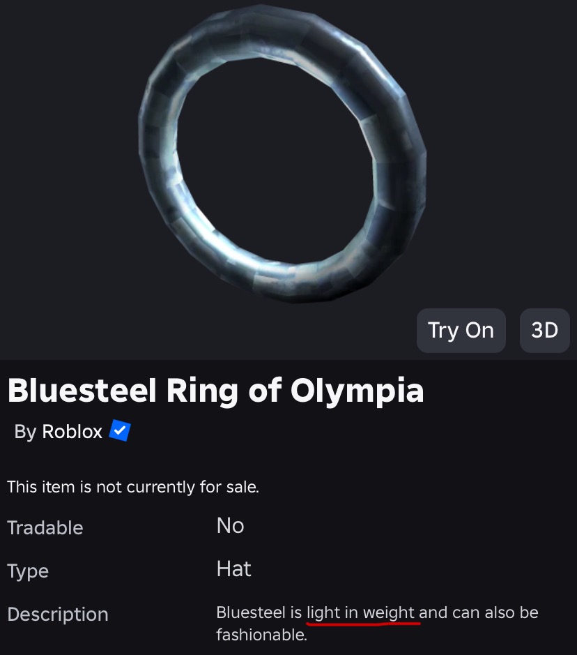 The description of Bluesteel Ring of Olympia describes wrong physical