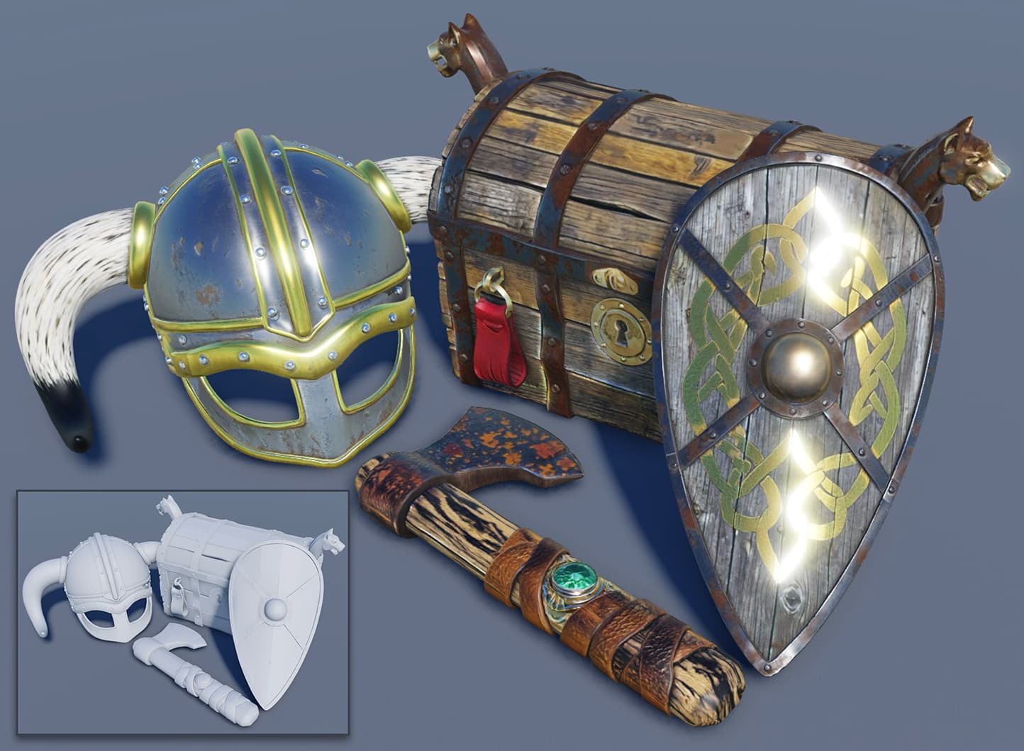 Viking-themed Roblox props including a horned helmet, chest, shield and axe showing 4K textures generated with Roblox Studio's new Quality mode