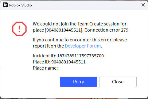 Error code 279, can't connect to team create session - Platform Usage ...