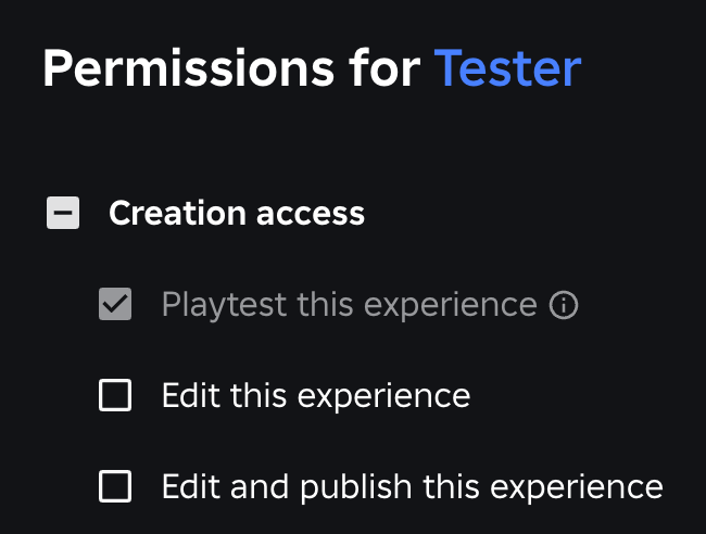 Roblox playtest access permissions Roblox permissions panel showing the playtest this experience permission for an invited tester