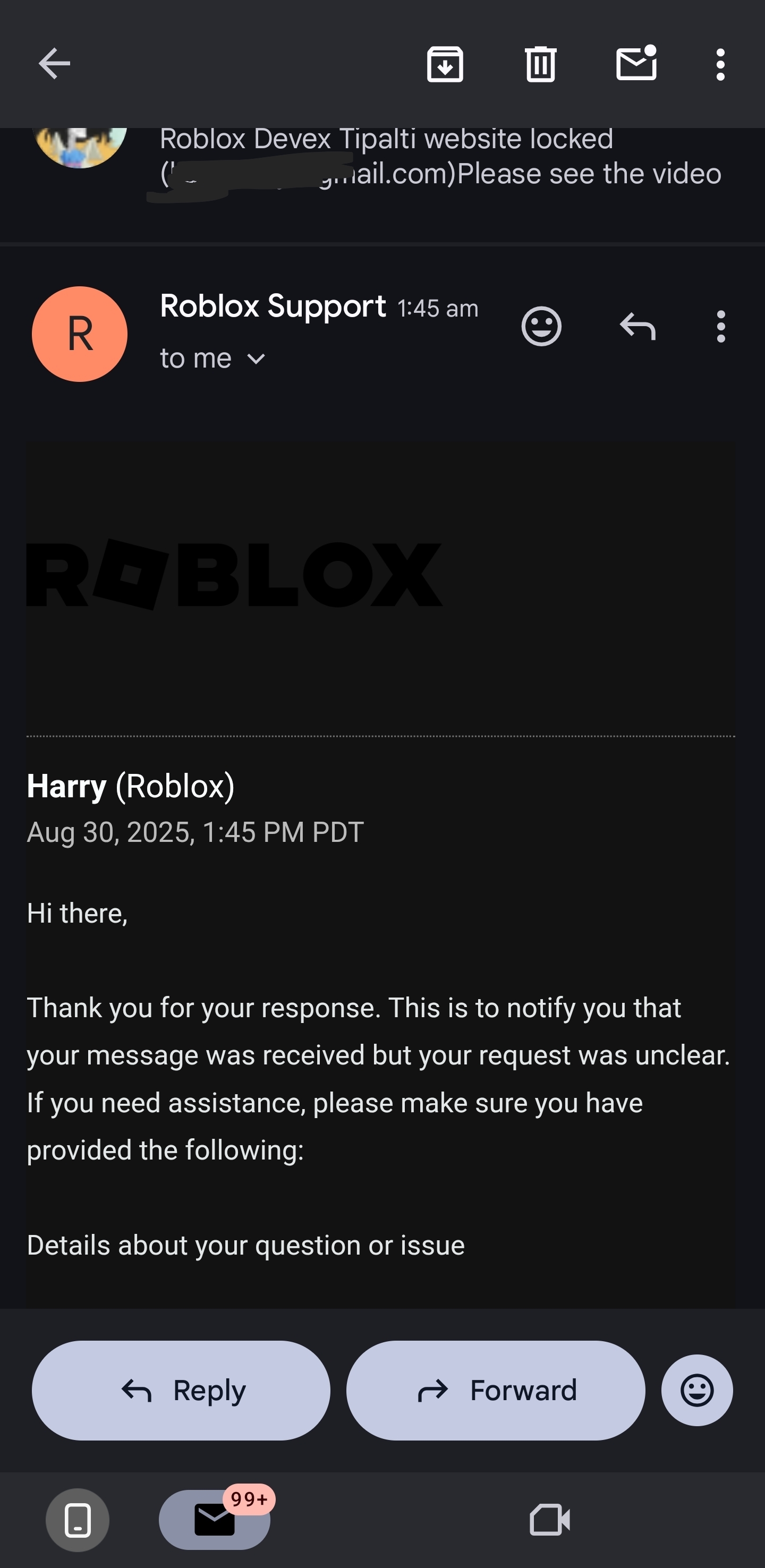 Roblox Support about Devex Locked - Platform Usage Support - Developer ...