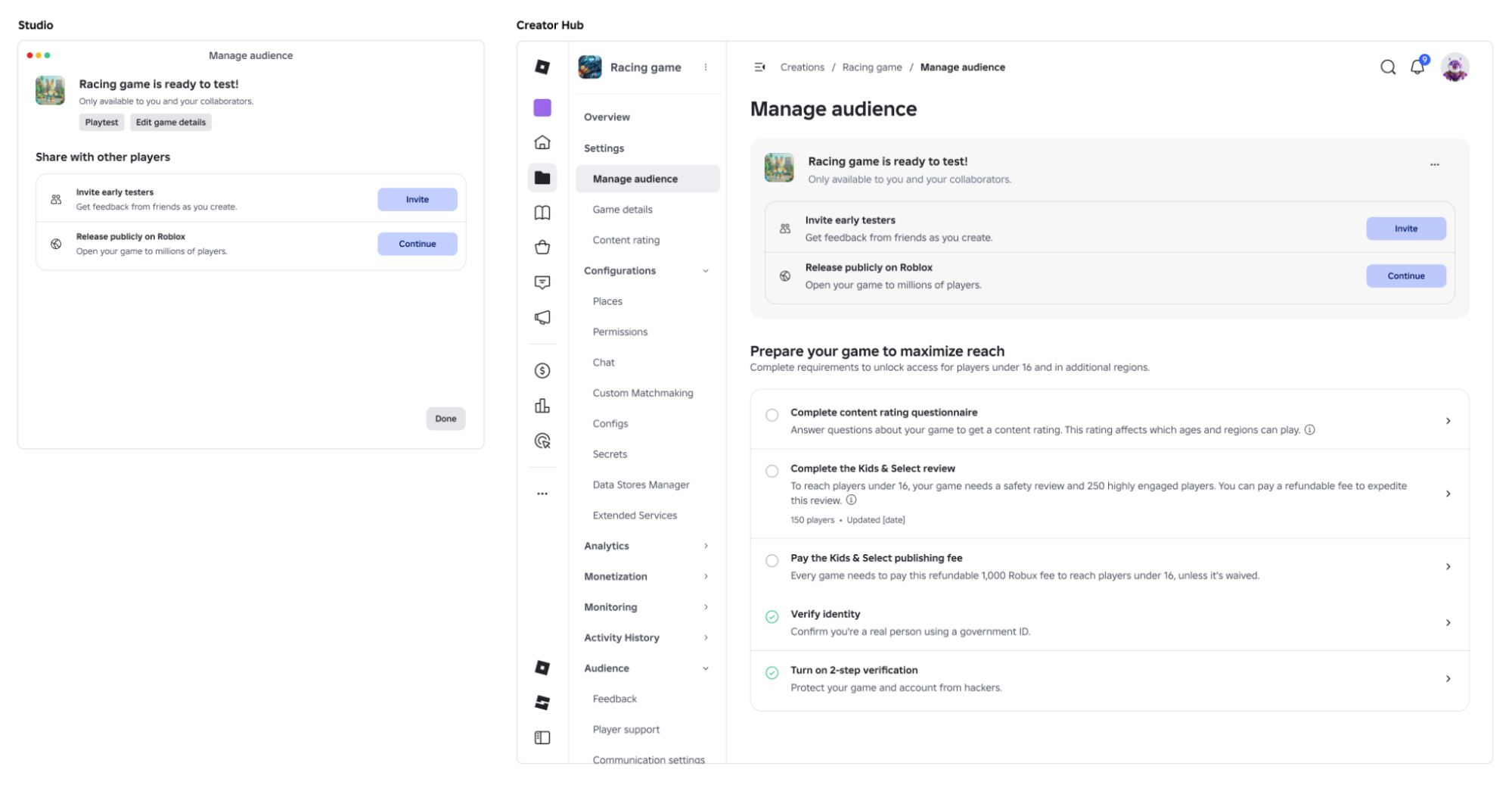 Roblox Studio and Creator Hub showing the new Manage Audience publishing screen with Invite Early Testers and Release Publicly options