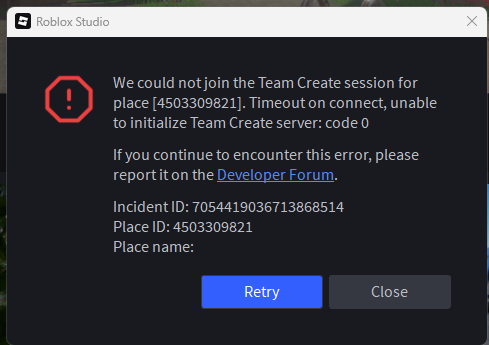 Unable to Join Team Create Session – "Timeout on connect, unable to ...