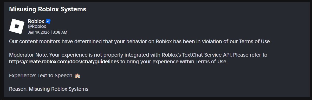 False Moderation: "Misusing Roblox Systems" - Platform Usage Support ...