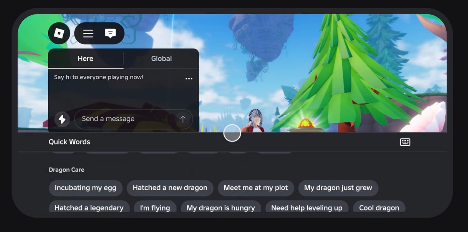 Roblox mobile chat interface showing custom Quick Words under a Dragon Care category, including phrases like Hatched a new dragon and My dragon is hungry