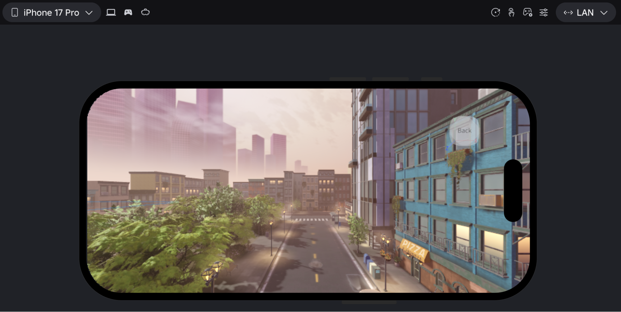 Roblox Studio Device Simulator showing an iPhone 17 Pro frame previewing a city street scene, with LAN network simulation selected in the toolbar