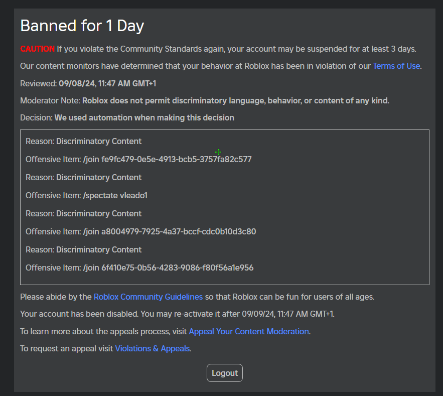 Banned for using a TextChatCommand - Platform Usage Support