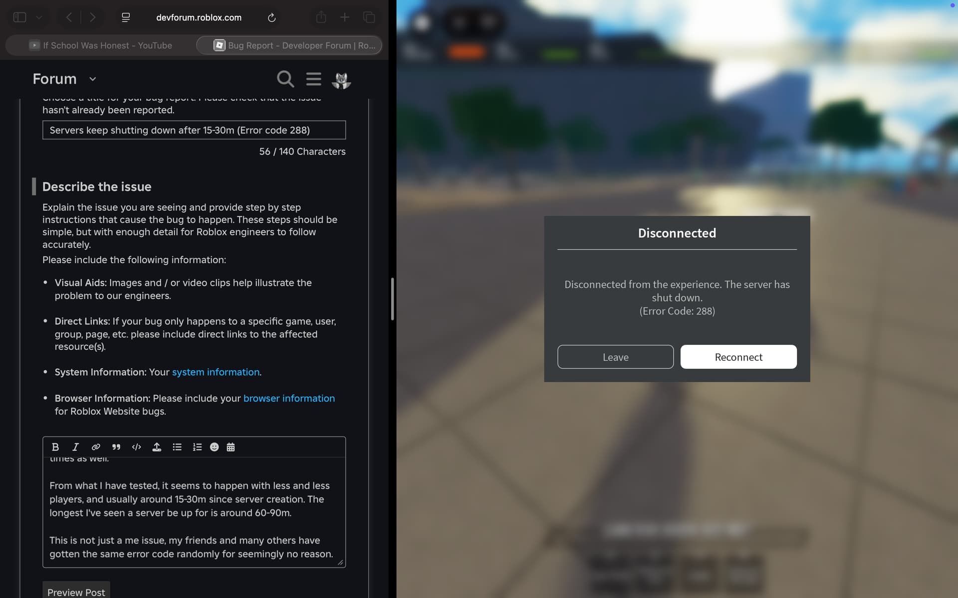 Servers randomly shut down (Error code 288) - Roblox Application