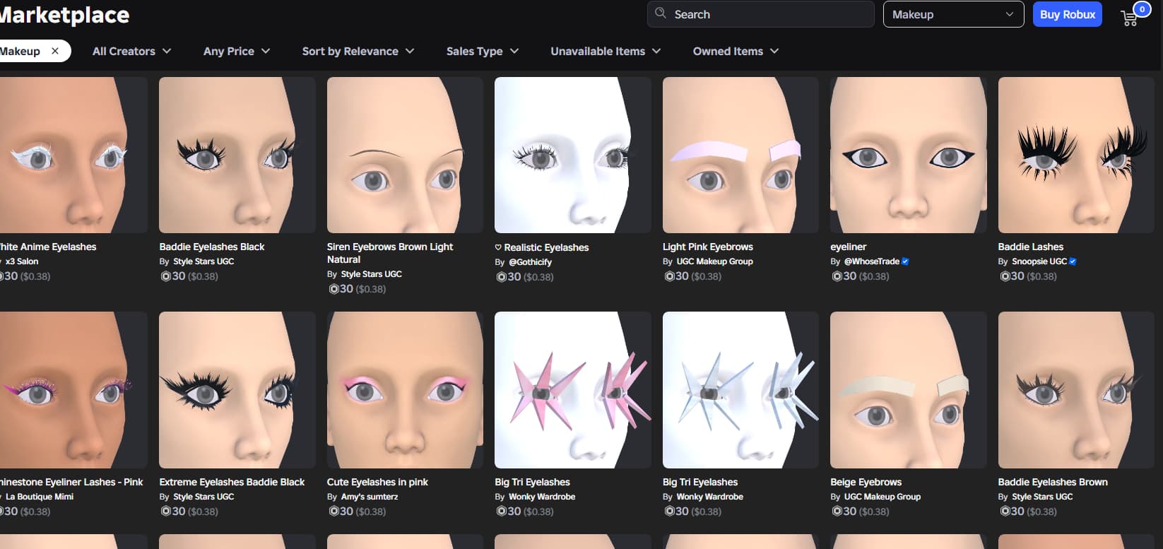 Roblox Avatar Marketplace screenshot showing makeup and eyelash cosmetic options