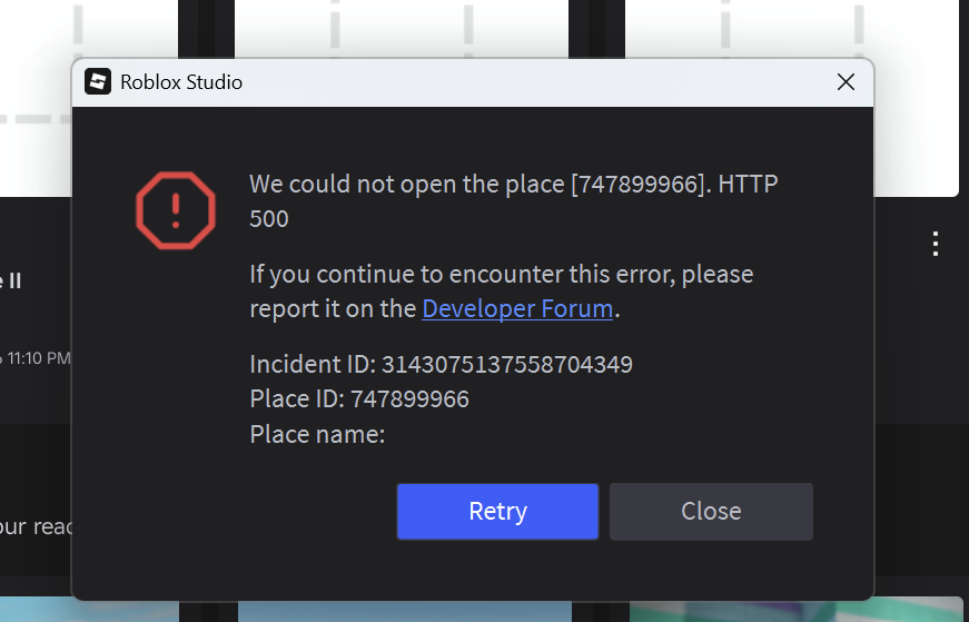Error opening place in studio after I published it yesterday - Studio ...