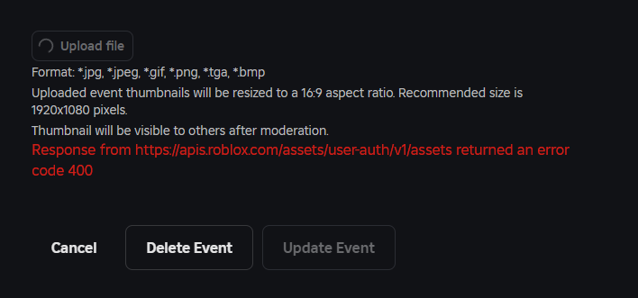 Can't Upload a Thumbnail to Event - Studio Bugs - Developer Forum | Roblox