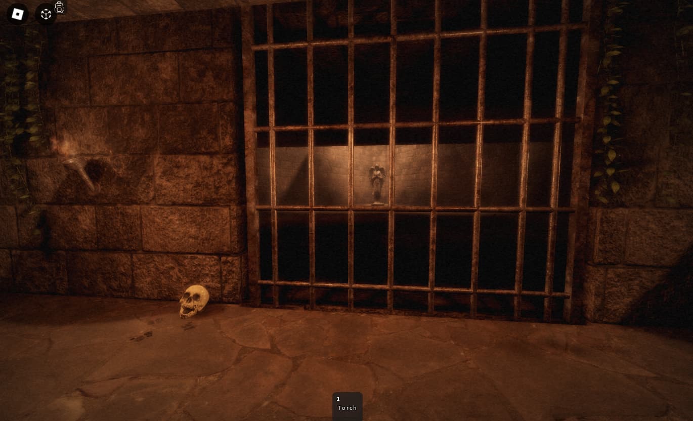 Roblox dungeon exit illustration Separate Roblox horror dungeon concept showing a torch-lit gate and corridor, illustrating the importance of identifying exits