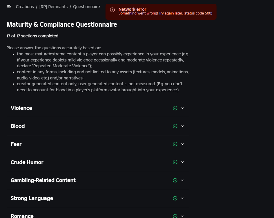 Error 500 Upon Completing Questionnaire - Studio Bugs - Developer Forum ...