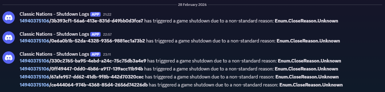 Got Error Code 288 Servers are randomly shut down with error code 288 - Engine Bugs ...