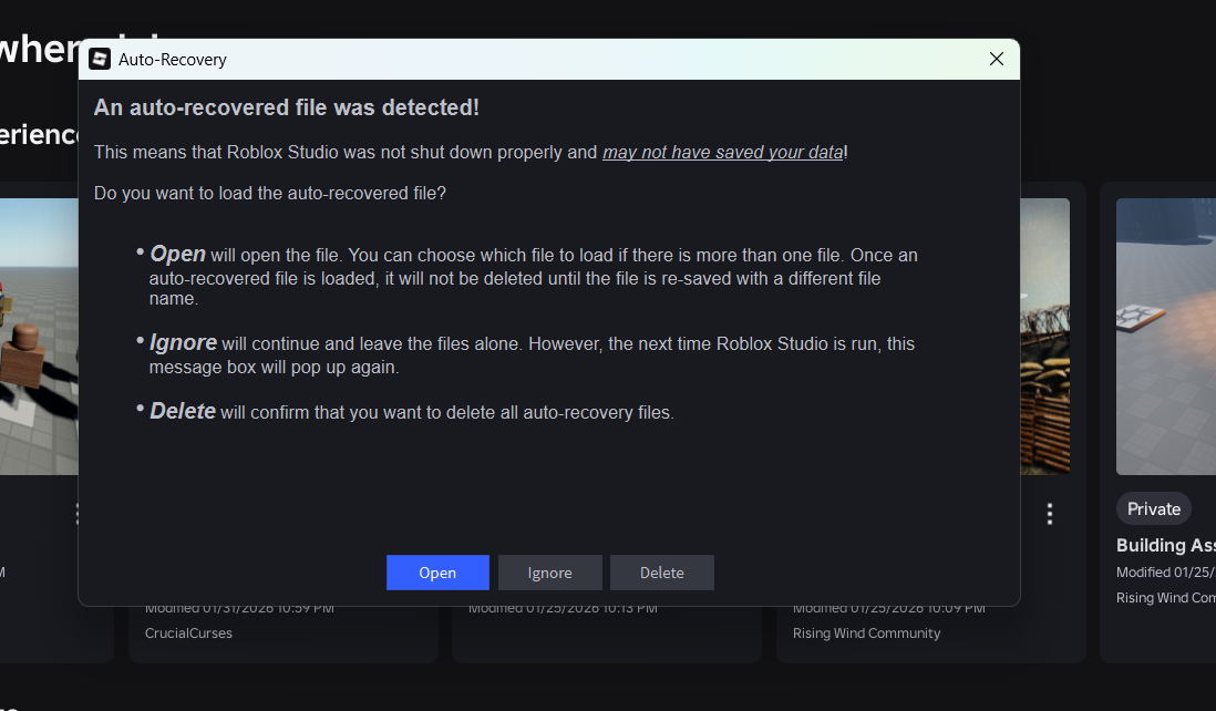 Opening from Files Crashes Studio - Studio Bugs - Developer Forum | Roblox