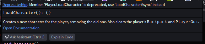 LoadCharacter is deprecated but new LoadCharacterAsync