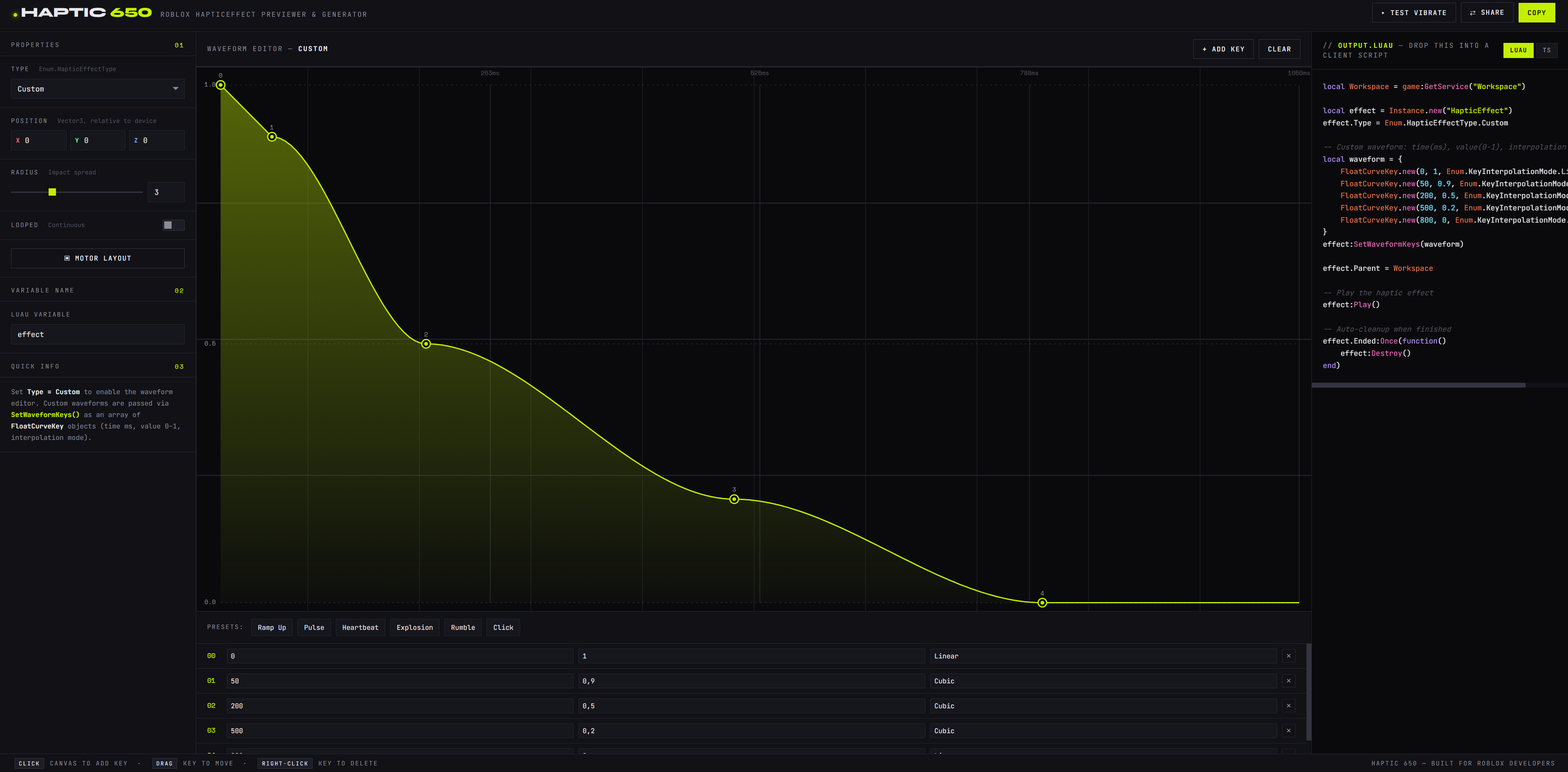 Visual Vibration Haptic 650 - Visual Vibration(HapticEffect) editor & code generator ...