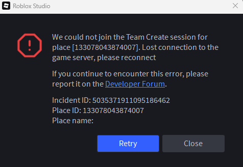 Roblox Studio "We could not join the Team Create session for place ...