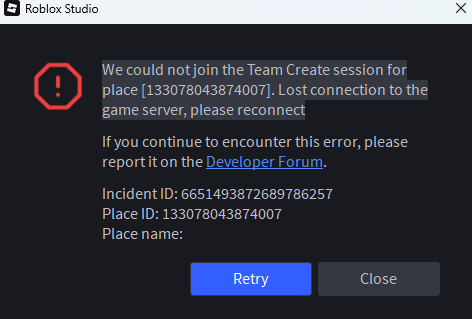 Roblox Studio "We could not join the Team Create session for place ...