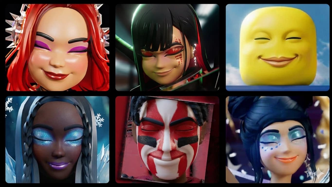 Four stylized Roblox avatar faces with colorful eye makeup and Halloween-inspired face paint