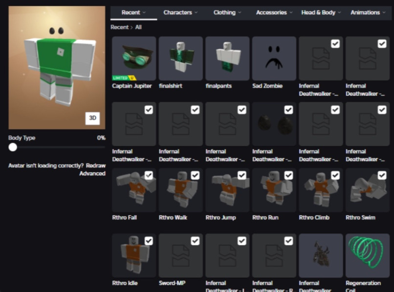 Infernal Deathwalker Parts marked as hidden Catalog Asset Bugs