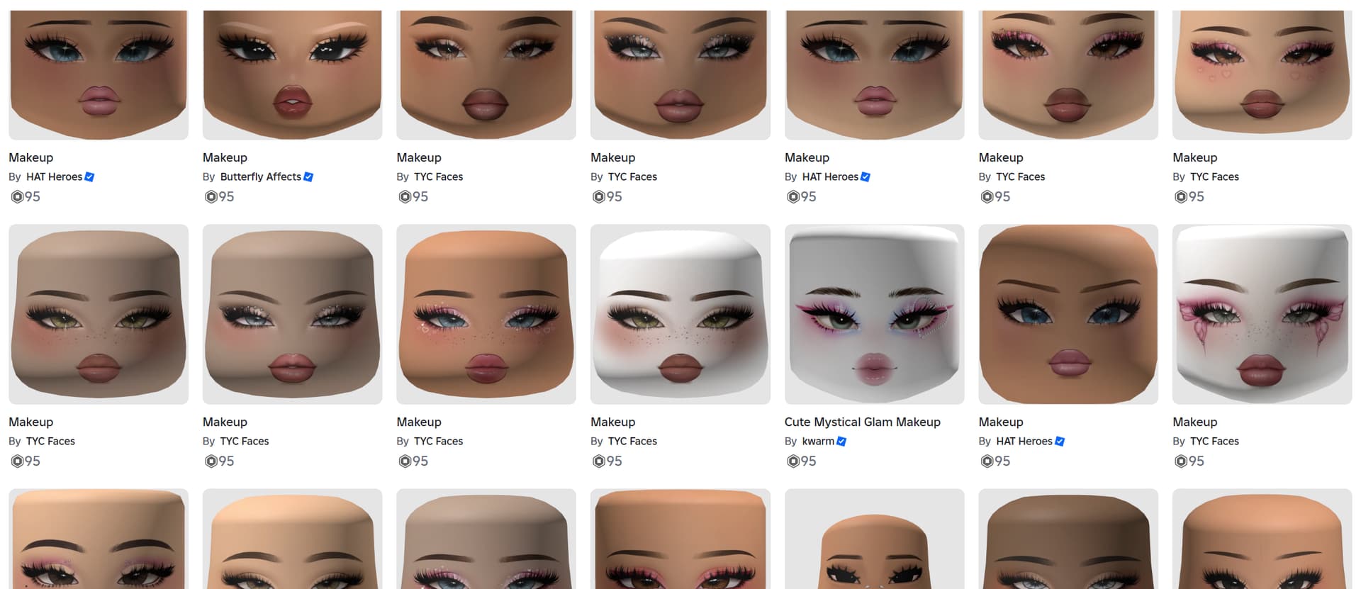 Grid of Roblox avatar makeup thumbnails showing different eye, lip, and face styles