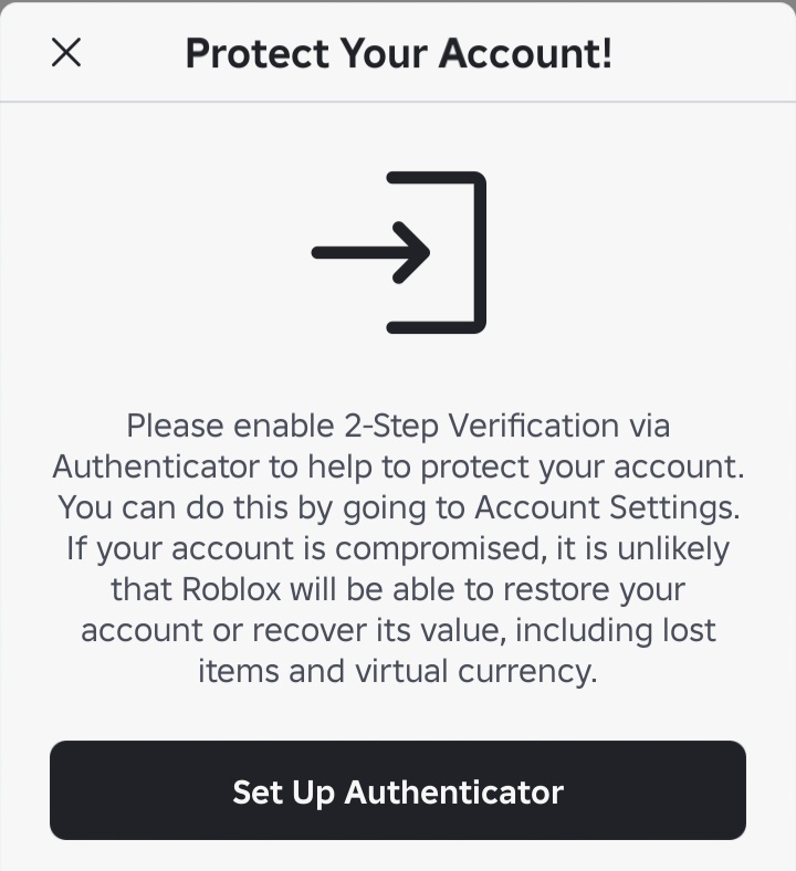 Add another layer of account protection Roblox account protection prompt encouraging players to enable an authenticator for two-step verification